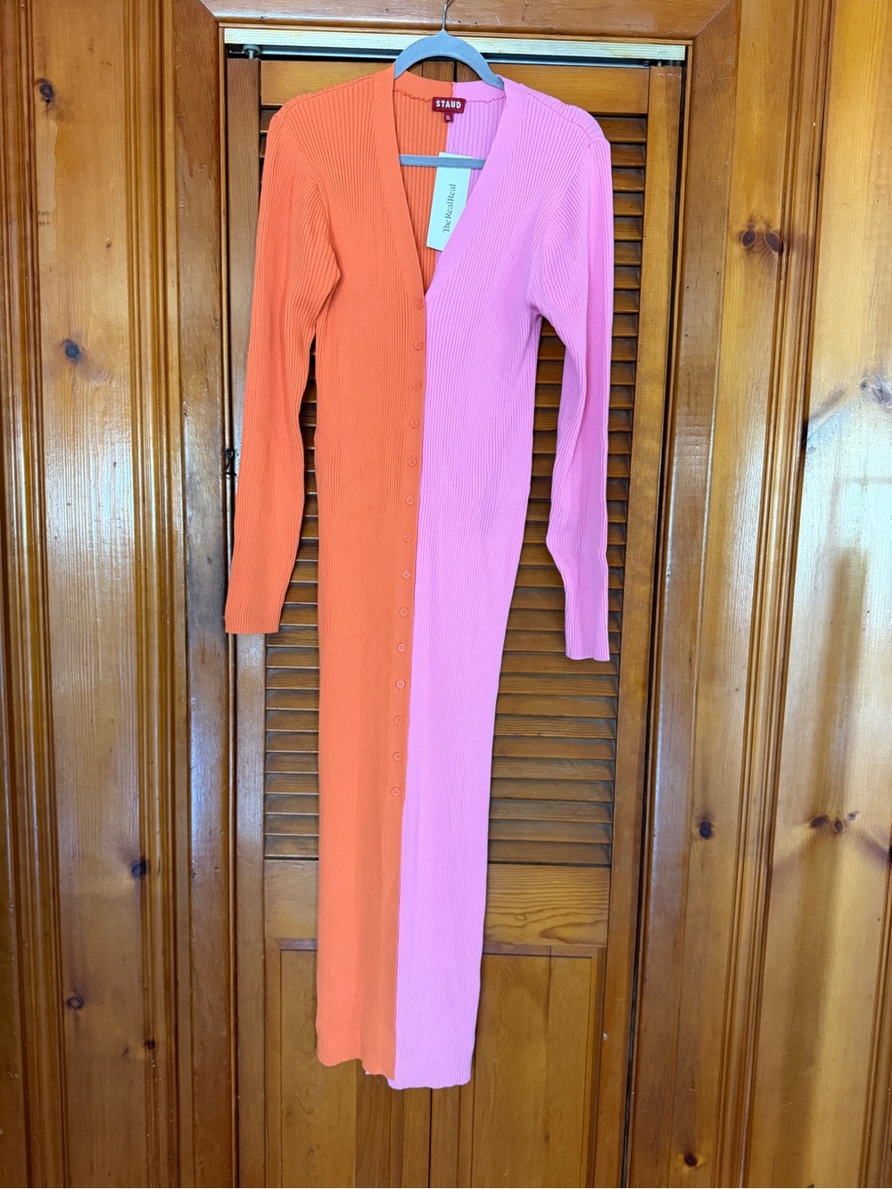 Staud Two-Tone Orange & Pink Ribbed Button-Front Maxi Dress
